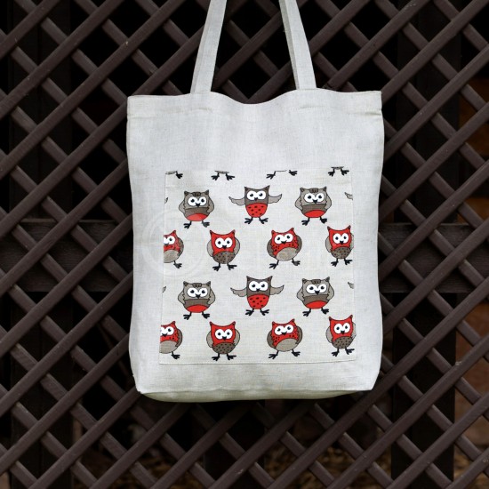 Printed semi-linen shopping bag "Owls orange"